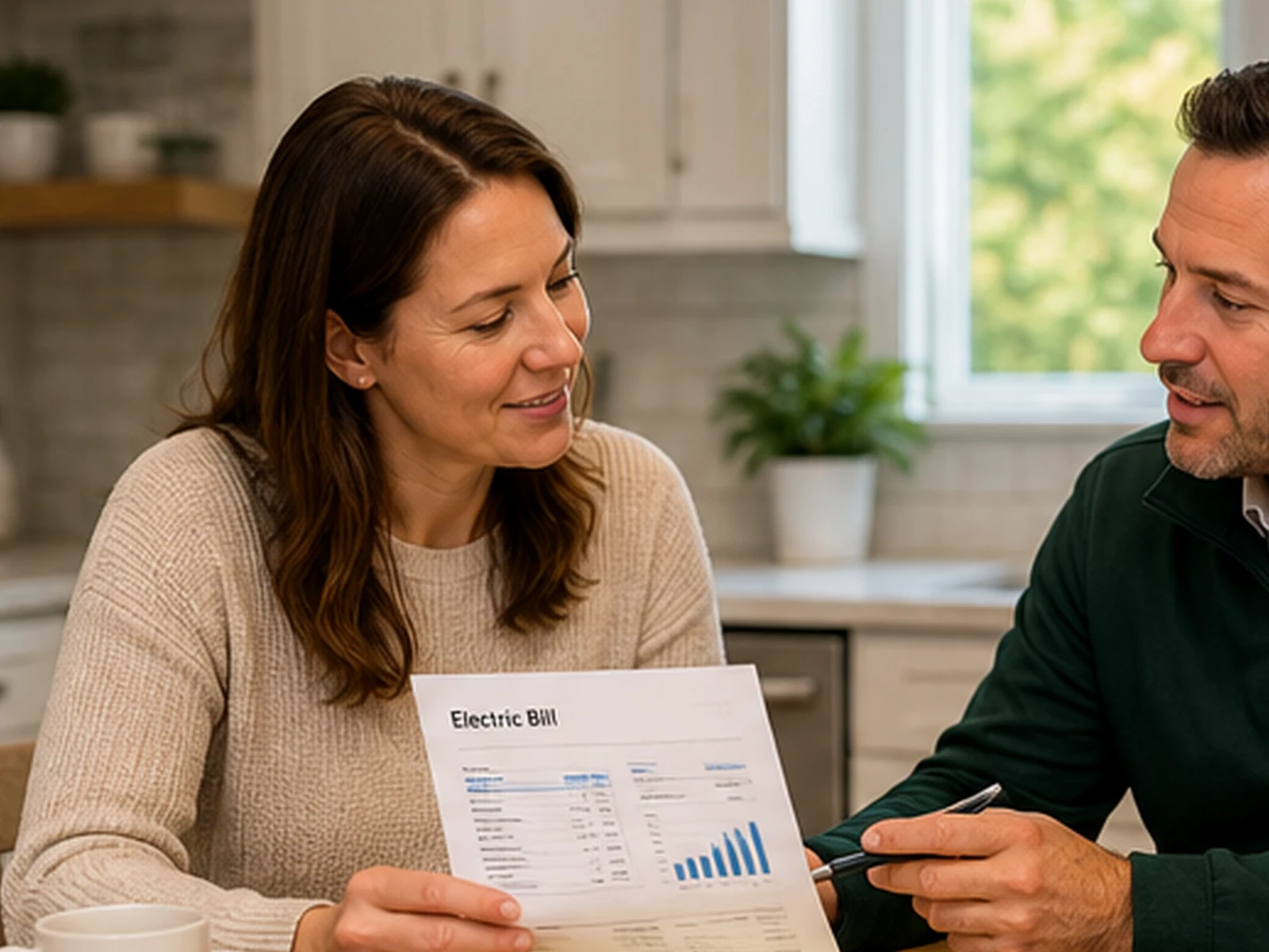 A homeowner reviewing an electric bill with a local energy advisor