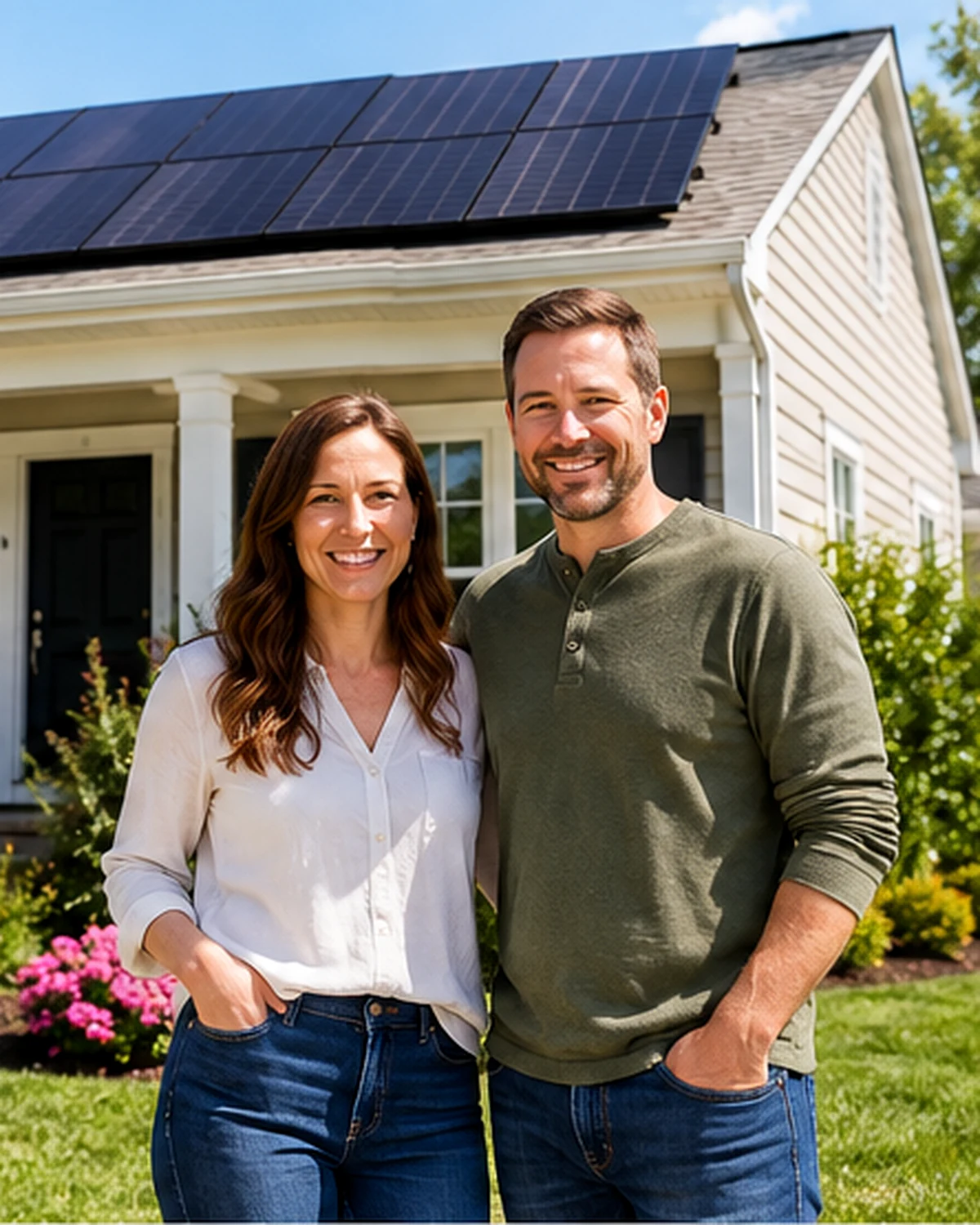Homeowners outside a suburban home with rooftop solar panels